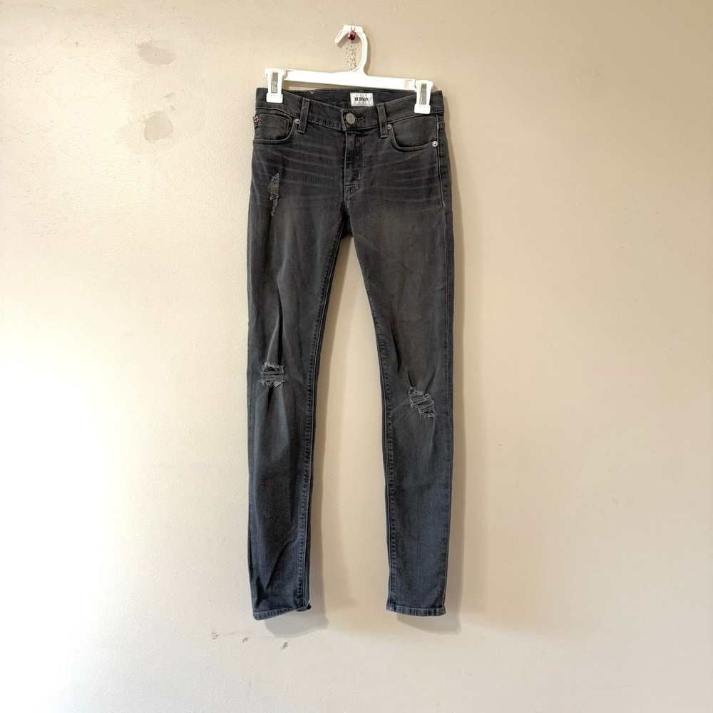Hudson Distressed Jeans Slim Leg Gray Denim Knee Patch Low Rise Size 24